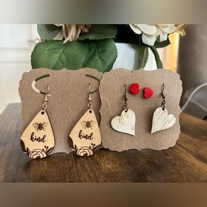 Earrings, made from Cork, Environment friendly. New. Red Heart posts & 2 drop.